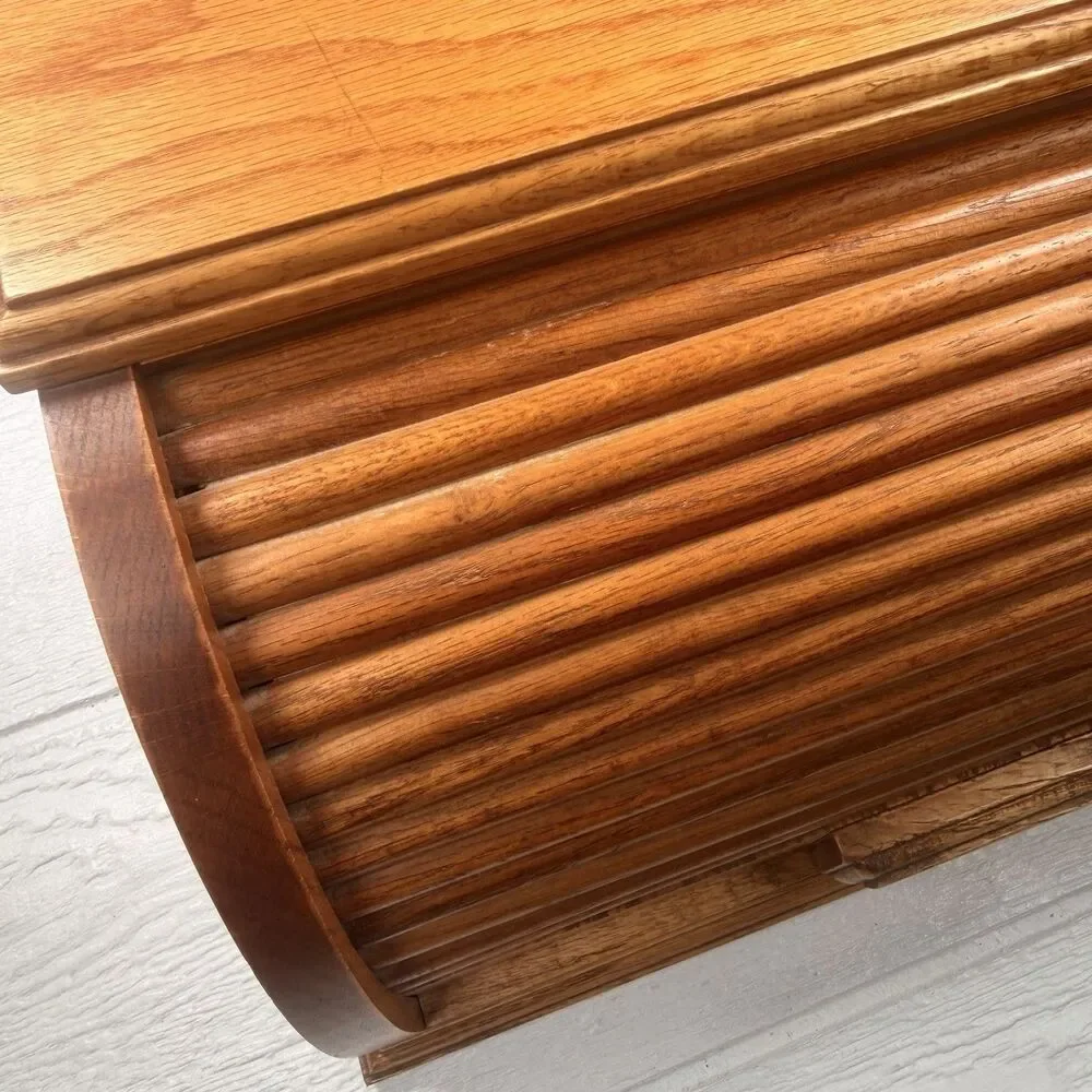 Vintage Solid Oak Roll Top Bread Box Tambour Door Farmhouse Kitchen Storage